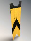 A painted metal railway barrier, length 104 cm.