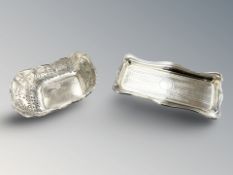 A silver rectangular tray, width 13.5 cm, and a further basket. CONDITION REPORT: 73.