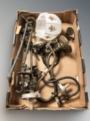 A group of antique brass wall light fixtures, opaque shade, etc.