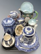 A group of Maling lustre ceramics, jug, blue and white willow pattern tea china,