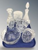 Six pieces of cut crystal and glass including decanters, wine cooler, etc.