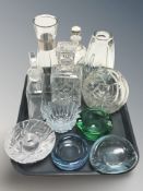 A group of continental glass decanters, coloured glass dishes, candle holder, etc.