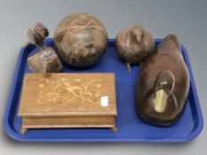 A group of treen and carvings including figure of a duck and two further birds,