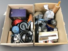 A group of continental kitchen wares including Salt wall pocket, enameled and stainless steel items,