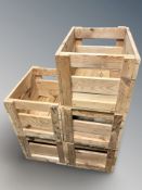Five rustic pine bottle crates, each 46 cm wide.