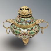A 20th century Chinese gilt metal cloisonne enamel twin-handled censer, height 15.5 cm.