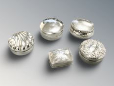 Five silver pill boxes, largest 3.5 cm diameter. CONDITION REPORT: 58.5g gross.