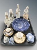 A group of Lladro and other Spanish figures, Shelley gilt and cobalt blue coffee can and saucer,