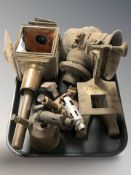 A carriage lamp, two vintage blow lamps, etc.