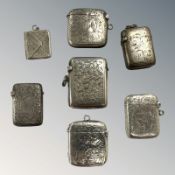 Six antique silver vesta cases and silver stamp case