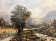 British School (19th Century) A country landscape with figures by a river, oil on canvas,