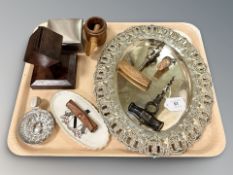 A group of collectables including Donkey sanctury bottle top, cork screws, treen nut cracker,