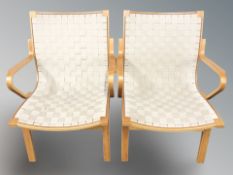 A pair of Scandinavian bentwood and canvas armchairs stamped Original Albert Seri 41000,