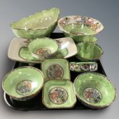 A collection of Maling lustre china on green ground.