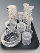 A pair of textured glass knopped stem candlesticks, further pair of crystal candlesticks, vase,