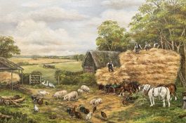 Ella Bailes : Workhorses and poultry in a yard, oil on canvas, 49 cm x 75 cm.