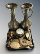 A large pair of twin handled brass vases, mortar and pestle, circular barometer,