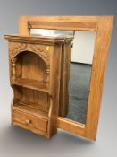 A reproduction carved pine wall shelf, width 40 cm, and a rectangular mirror.