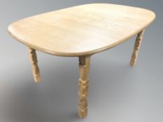 A Danish blonde oak dining table, 160 cm x 102 cm x 74 cm, together with a set of six dining chairs.