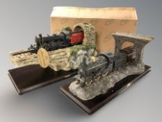 Two Julianna Collection model of steam locomotives, one with box, width 42 cm.