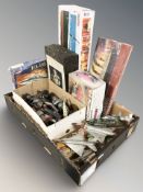 Assorted scale modelling kits, figures of knights, die cast model aircraft.