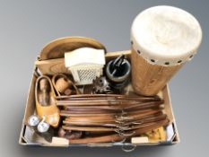 A quantity of vintage teak clothes hangers, pair of wooden clogs, other treen items,