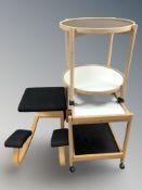 Two Scandinavian beech two tier trolleys and a stool