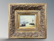A gilt framed picture depicting figures in a rowing boat, 24 cm x 19 cm.
