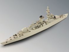 A wooden scale model battleship, length 112 cm.