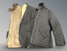 A Barbour wax jacket, size L, similar black padded jacket and a blazer.