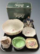 A Belleek porcelain fruit bowl with box, diameter 24 cm, a further pair of octagonal dishes,