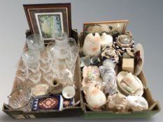 A group of 20th century ceramics, figurines, a large brass vase with flared rim, drinking glasses,