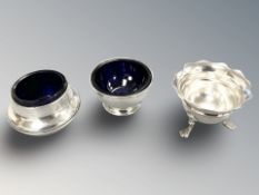 Three various silver salts, largest 6 cm diameter. CONDITION REPORT: 78g gross.