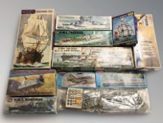 A group of scale modelling kits including Airfix, Novo, Heller, etc.