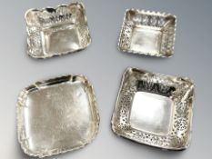 Four various square silver dishes, largest 9 cm wide. CONDITION REPORT: 133g gross.
