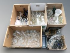 A large quantity of 20th century drinking glasses, kitchen storage jars, decanters, light fitting,