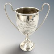 A silver twin-handled billiards trophy, with inscription dated 1937, height 13 cm.