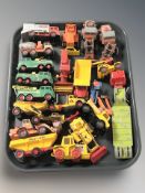 A group of die cast construction vehicles, wagons, excavators, including Lesney, etc.
