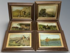 A set of six reproduction reverse paintings on glass, each 12 cm x 18 cm.