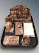 A rouge marble correspondence rack, bookend, pen stand, desk blotter, etc.