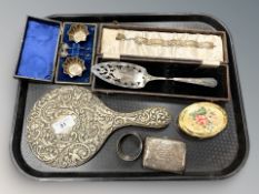 A silver cigarette case, Walker & Hall Sheffield 1903, together with plated cake slice, compact,