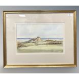 Tom MacDonald (British, born 1934) : Bamburgh Castle from The Golf Course, watercolour, signed,