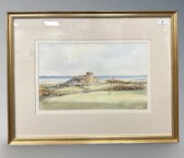 Tom MacDonald (British, born 1934) : Bamburgh Castle from The Golf Course, watercolour, signed,
