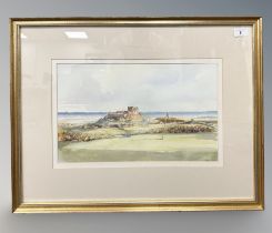 Tom MacDonald (British, born 1934) : Bamburgh Castle from The Golf Course, watercolour, signed,