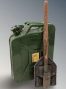 A 20 litre jerry can and a folding spade