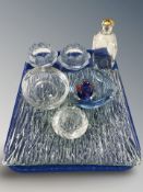 A Holmegaard glass decanter, pair of Scandinavian textured glass tea light holders,