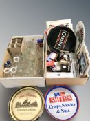 A quantity of beer serving platters bearing advertising, various glasses, matchbooks,