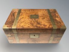 A Victorian burr walnut brass bound writing slope, width 40 cm.