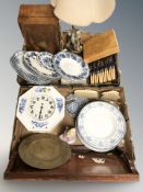 A cased set of fish cutlery, a walnut table box, figural lamp base,