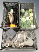 A group of 20th century crystal vases, two EPNS mounted ewers, green glass dressing table items,